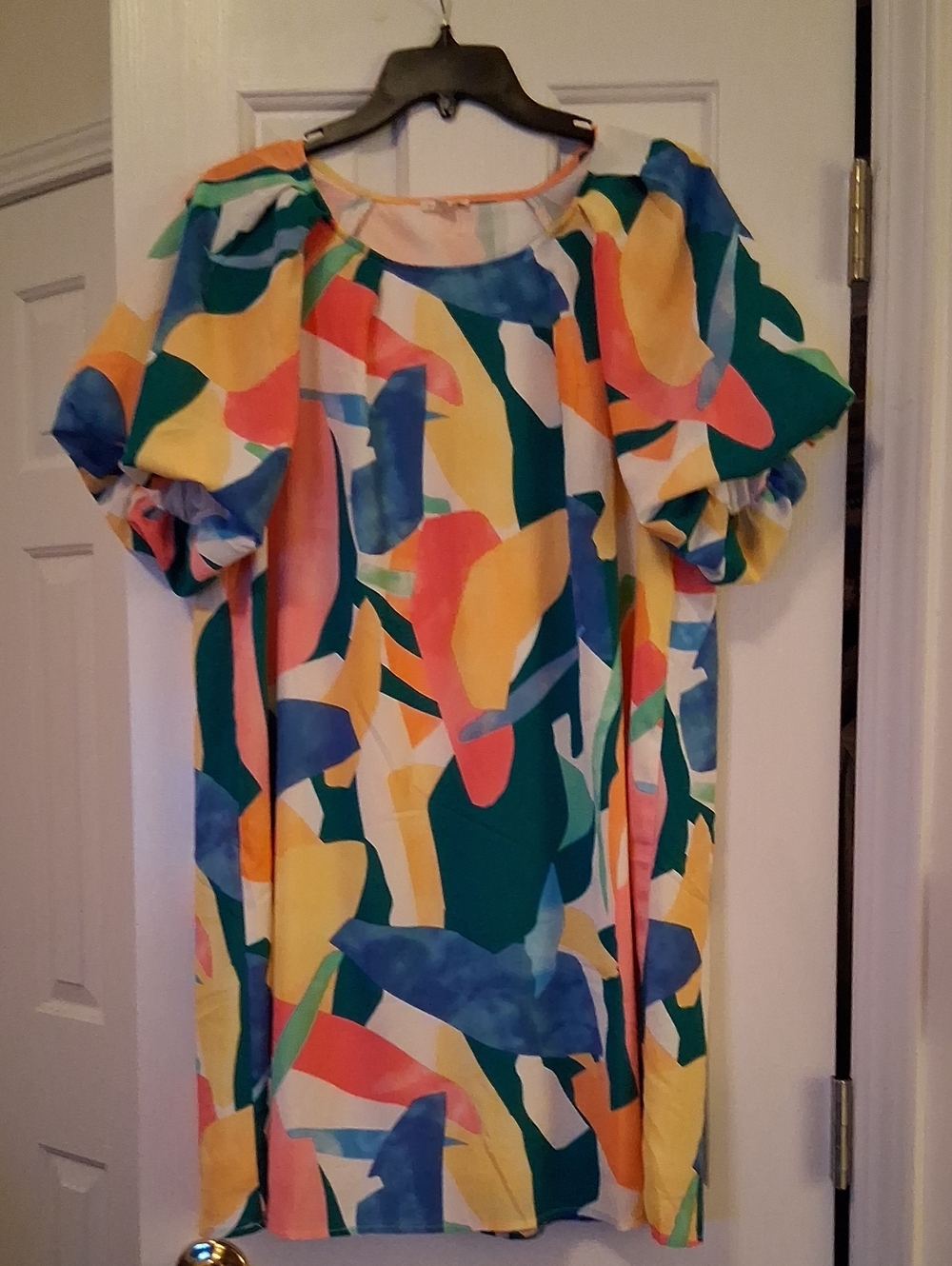 Colorblock Abstract Print Puff-Sleeve Women's Dress - Multicolor